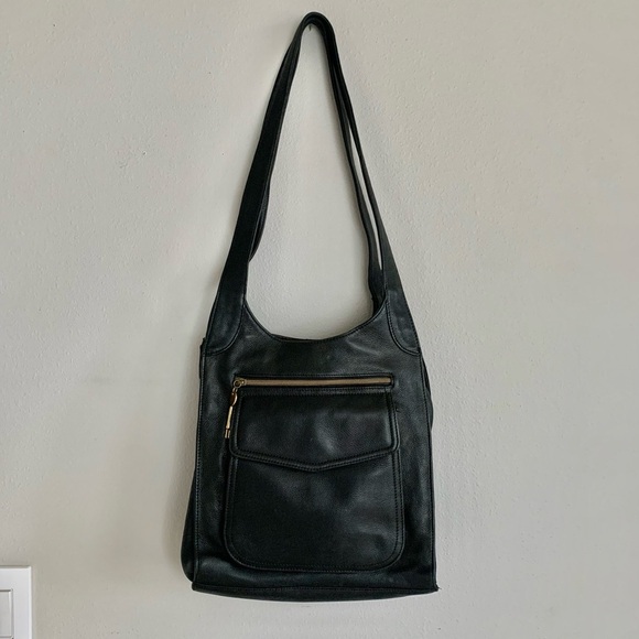 Vintage Fossil Black Soft Leather Shoulder Bag Zipper 90’s Y2K + Brass Key Charm - Picture 1 of 12